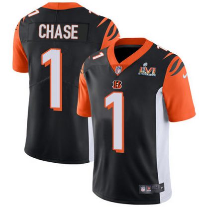 Nike Cincinnati Bengals #1 Ja'Marr Chase Black Team Color Super Bowl LVI Patch Men's Stitched NFL Vapor Untouchable Limited Jersey