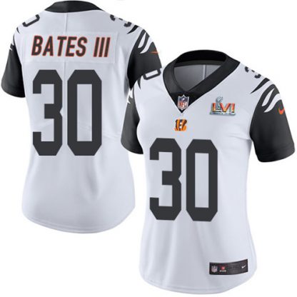 Nike Cincinnati Bengals #30 Jessie Bates III White Super Bowl LVI Patch Women's Stitched NFL Limited Rush Jersey