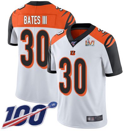 Nike Cincinnati Bengals #30 Jessie Bates White Super Bowl LVI Patch Youth Stitched NFL 100th Season Vapor Limited Jersey