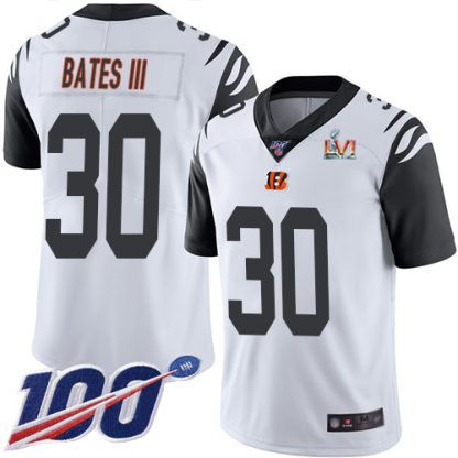 Nike Cincinnati Bengals #30 Jessie Bates White Super Bowl LVI Patch Men's Stitched NFL Limited Rush 100th Season Jersey
