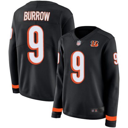 Nike Cincinnati Bengals #9 Joe Burrow Black Team Color Women's Stitched NFL Limited Therma Long Sleeve Jersey
