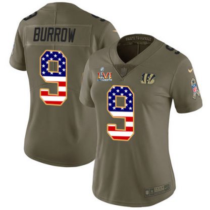 Nike Cincinnati Bengals #9 Joe Burrow Olive/USA Super Bowl LVI Patch Flag Women's Stitched NFL Limited 2017 Salute To Service Jersey
