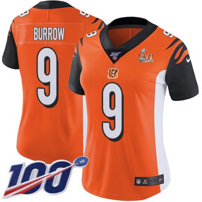 Nike Cincinnati Bengals #9 Joe Burrow Orange Super Bowl LVI Patch Alternate Women's Stitched NFL 100th Season Vapor Untouchable Limited Jersey