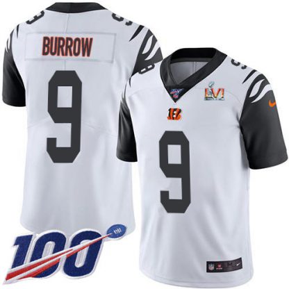Nike Cincinnati Bengals #9 Joe Burrow White Super Bowl LVI Patch Youth Stitched NFL Limited Rush 100th Season Jersey