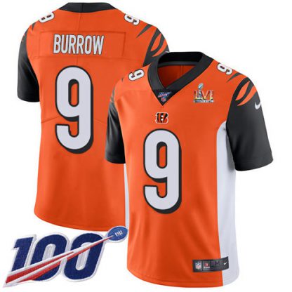 Nike Cincinnati Bengals #9 Joe Burrow Orange Super Bowl LVI Patch Alternate Men's Stitched NFL 100th Season Vapor Limited Jersey