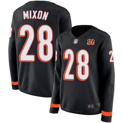 Nike Cincinnati Bengals #28 Joe Mixon Black Team Color Super Bowl LVI Patch Women's Stitched NFL Limited Therma Long Sleeve Jersey