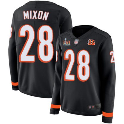 Nike Cincinnati Bengals #28 Joe Mixon Black Team Color Super Bowl LVI Patch Women's Stitched NFL Limited Therma Long Sleeve Jersey