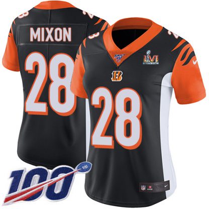 Nike Cincinnati Bengals #28 Joe Mixon Black Team Color Super Bowl LVI Patch Women's Stitched NFL 100th Season Vapor Untouchable Limited Jersey