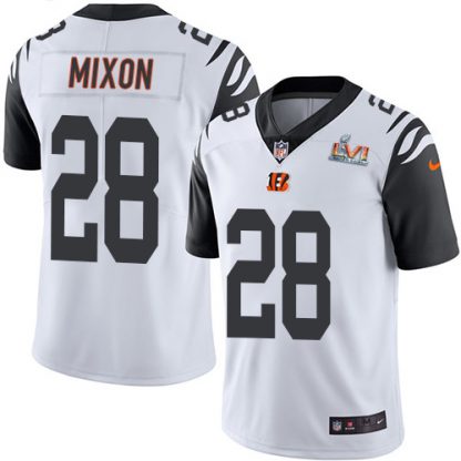 Nike Cincinnati Bengals #28 Joe Mixon White Super Bowl LVI Patch Men's Stitched NFL Limited Rush Jersey