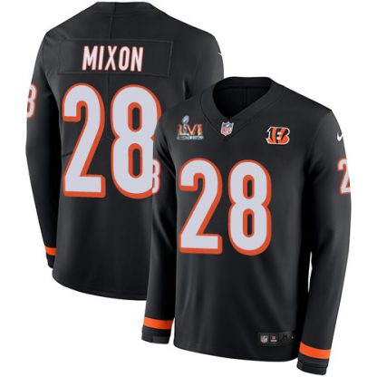 Nike Cincinnati Bengals #28 Joe Mixon Black Team Color Super Bowl LVI Patch Men's Stitched NFL Limited Therma Long Sleeve Jersey