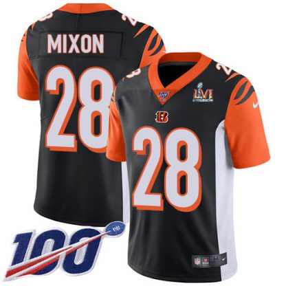 Nike Cincinnati Bengals #28 Joe Mixon Black Team Color Super Bowl LVI Patch Men's Stitched NFL 100th Season Vapor Limited Jersey