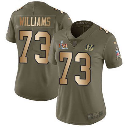 Nike Cincinnati Bengals #73 Jonah Williams Olive/Gold Super Bowl LVI Patch Women's Stitched NFL Limited 2017 Salute To Service Jersey