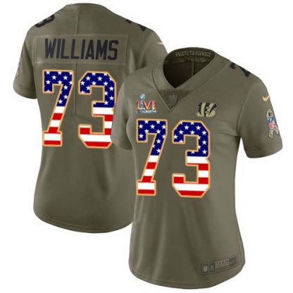 Nike Cincinnati Bengals #73 Jonah Williams Olive/USA Super Bowl LVI Patch Flag Women's Stitched NFL Limited 2017 Salute To Service Jersey