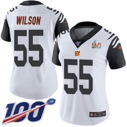 Nike Cincinnati Bengals #55 Logan Wilson White Super Bowl LVI Patch Women's Stitched NFL Limited Rush 100th Season Jersey