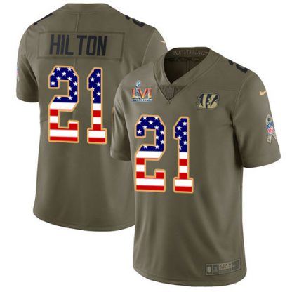 Nike Cincinnati Bengals #21 Mike Hilton Olive/USA Super Bowl LVI Patch Flag Men's Stitched NFL Limited 2017 Salute To Service Jersey