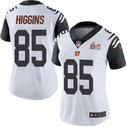 Nike Cincinnati Bengals #85 Tee Higgins White Super Bowl LVI Patch Women's Stitched NFL Limited Rush Jersey