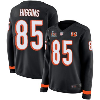 Nike Cincinnati Bengals #85 Tee Higgins Black Team Color Super Bowl LVI Patch Women's Stitched NFL Limited Therma Long Sleeve Jersey