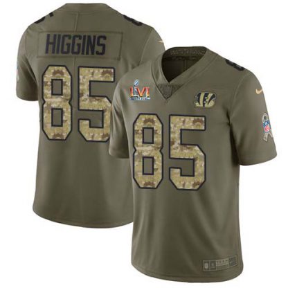 Nike Cincinnati Bengals #85 Tee Higgins Olive/Camo Men's Super Bowl LVI Patch Stitched NFL Limited 2017 Salute To Service Jersey