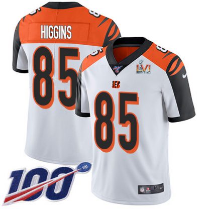 Nike Cincinnati Bengals #85 Tee Higgins White Super Bowl LVI Patch Men's Stitched NFL 100th Season Vapor Limited Jersey