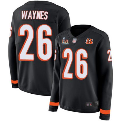 Nike Cincinnati Bengals #26 Trae Waynes Black Team Color Super Bowl LVI Patch Women's Stitched NFL Limited Therma Long Sleeve Jersey