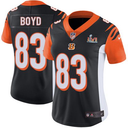 Nike Cincinnati Bengals #83 Tyler Boyd Black Team Color Super Bowl LVI Patch Women's Stitched NFL Vapor Untouchable Limited Jersey