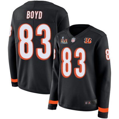 Nike Cincinnati Bengals #83 Tyler Boyd Black Team Color Super Bowl LVI Patch Women's Stitched NFL Limited Therma Long Sleeve Jersey