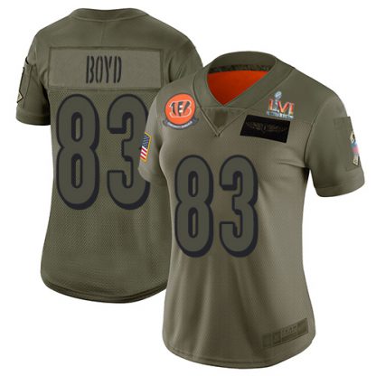 Nike Cincinnati Bengals #83 Tyler Boyd Camo Super Bowl LVI Patch Women's Stitched NFL Limited 2019 Salute To Service Jersey