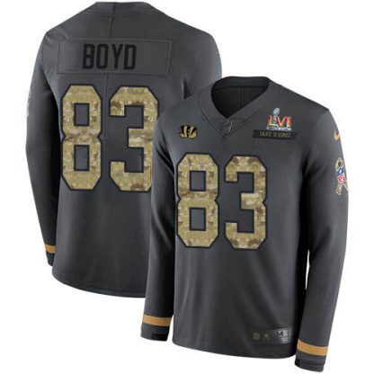 Nike Cincinnati Bengals #83 Tyler Boyd Anthracite Super Bowl LVI Patch Salute to Service Youth Stitched NFL Limited Therma Long Sleeve Jersey