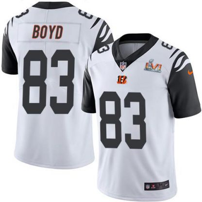 Nike Cincinnati Bengals #83 Tyler Boyd White Super Bowl LVI Patch Men's Stitched NFL Limited Rush Jersey