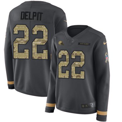 Nike Cleveland Browns #22 Grant Delpit Anthracite Salute to Service Women's Stitched NFL Limited Therma Long Sleeve Jersey
