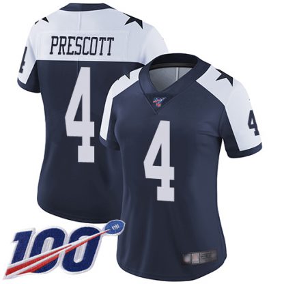 Nike Dallas Cowboys #4 Dak Prescott Navy Blue Thanksgiving Women's Stitched NFL 100th Season Vapor Throwback Limited Jersey