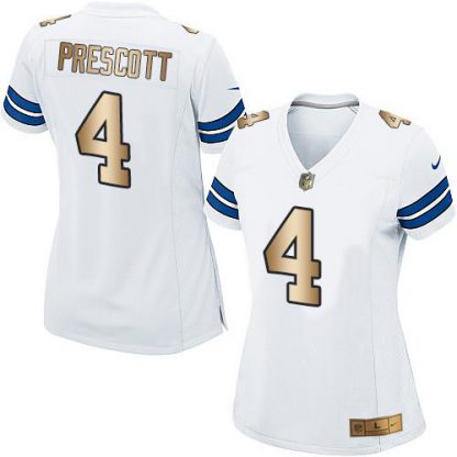 Nike Dallas Cowboys #4 Dak Prescott White Women's Stitched NFL Elite Gold Jersey