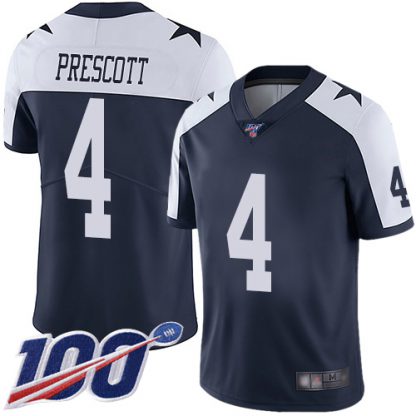 Nike Dallas Cowboys #4 Dak Prescott Navy Blue Thanksgiving Youth Stitched NFL 100th Season Vapor Throwback Limited Jersey