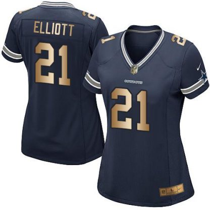 Nike Dallas Cowboys #21 Ezekiel Elliott Navy Blue Team Color Women's Stitched NFL Elite Gold Jersey