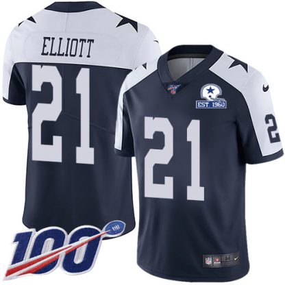 Nike Dallas Cowboys #21 Ezekiel Elliott Navy Blue Thanksgiving Men's Stitched With Established In 1960 Patch NFL 100th Season Vapor Untouchable Limited Throwback Jersey