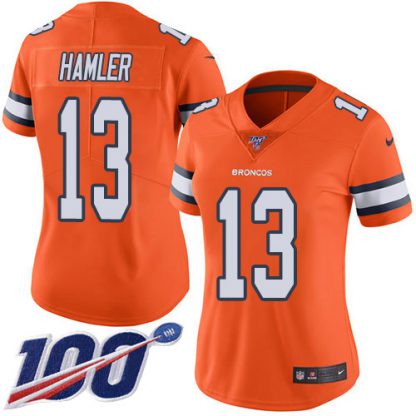 Nike Denver Broncos #13 KJ Hamler Orange Women's Stitched NFL Limited Rush 100th Season Jersey