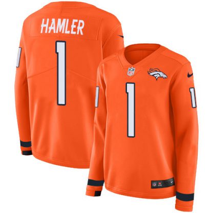 Nike Denver Broncos #1 KJ Hamler Orange Team Color Women's Stitched NFL Limited Therma Long Sleeve Jersey