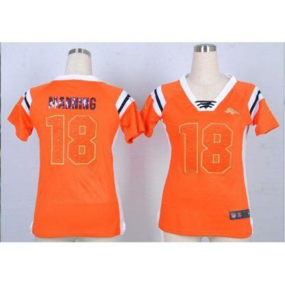 Nike Denver Broncos #18 Peyton Manning Orange Women's Stitched NFL Elite Draft Him Shimmer Jersey
