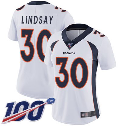 Nike Denver Broncos #30 Phillip Lindsay White Women's Stitched NFL 100th Season Vapor Limited Jersey