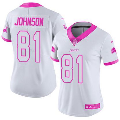 Nike Detroit Lions #81 Calvin Johnson White/Pink Women's Stitched NFL Limited Rush Fashion Jersey