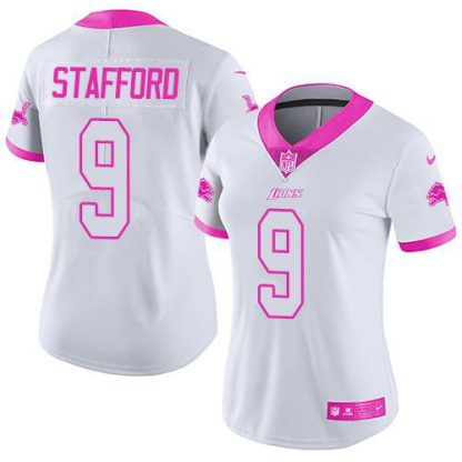 Nike Detroit Lions #9 Matthew Stafford White/Pink Women's Stitched NFL Limited Rush Fashion Jersey