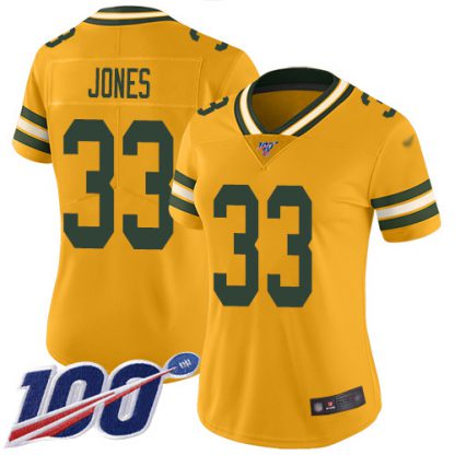 Nike Green Bay Packers #33 Aaron Jones Gold Women's Stitched NFL Limited Inverted Legend 100th Season Jersey