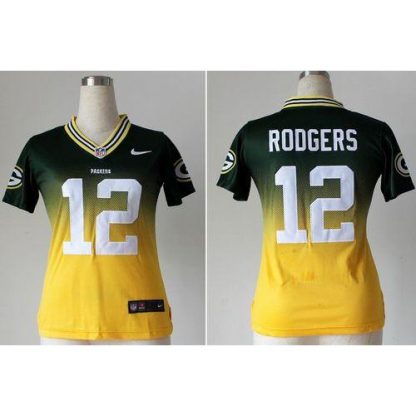 Nike Green Bay Packers #12 Aaron Rodgers Green/Gold Women's Stitched NFL Elite Fadeaway Fashion Jersey