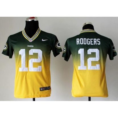 Nike Green Bay Packers #12 Aaron Rodgers Green/Gold Youth Stitched NFL Elite Fadeaway Fashion Jersey