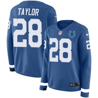 Nike Indianapolis Colts #28 Jonathan Taylor Royal Blue Team Color Women's Stitched NFL Limited Therma Long Sleeve Jersey
