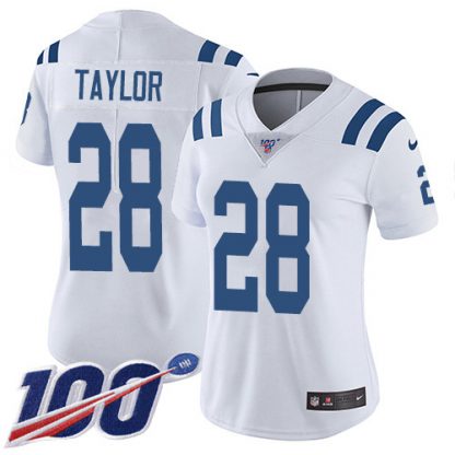 Nike Indianapolis Colts #28 Jonathan Taylor White Women's Stitched NFL 100th Season Vapor Untouchable Limited Jersey