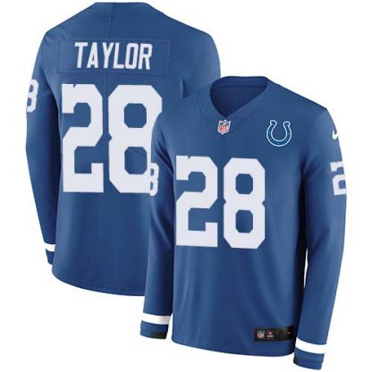 Nike Indianapolis Colts #28 Jonathan Taylor Royal Blue Team Color Youth Stitched NFL Limited Therma Long Sleeve Jersey