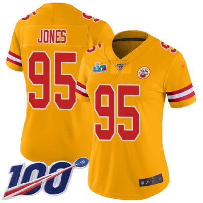 Nike Kansas City Chiefs #95 Chris Jones Gold Super Bowl LVII Patch Women's Stitched NFL Limited Inverted Legend 100th Season Jersey