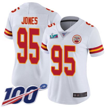 Nike Kansas City Chiefs #95 Chris Jones White Super Bowl LVII Patch Women's Stitched NFL 100th Season Vapor Limited Jersey