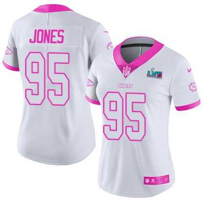Nike Kansas City Chiefs #95 Chris Jones White/Pink Super Bowl LVII Patch Women's Stitched NFL Limited Rush Fashion Jersey